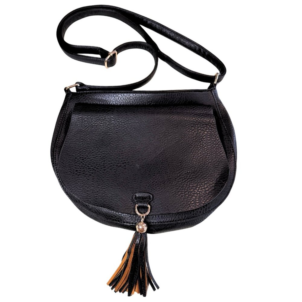 Vegan Leather Black Saddle Bag Crossbody Shoulder Strap Tassel Detail